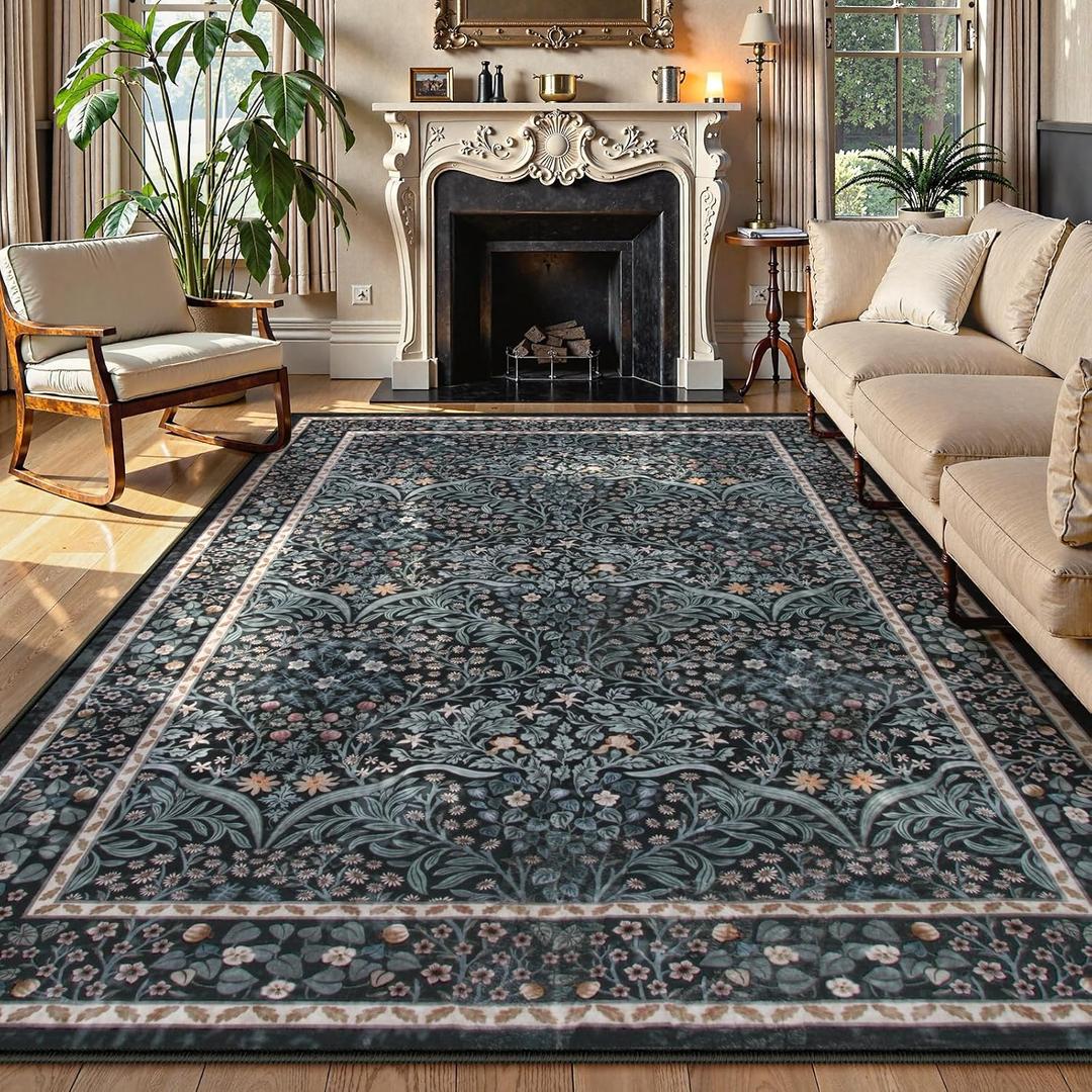 Lahome Floral Washable Rugs 8x10, Soft 8x10 Area Rugs for Living Room Bedroom, Boho Non-Slip Forest Stain Resistance Large Throw Carpet for Farmhouse Dining Room Office Giverny, Black