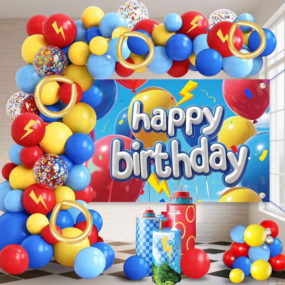 Cartoon Birthday Party Decorations Set - Red Yellow Blue Balloons Arch with Background for Boys Girls Kids