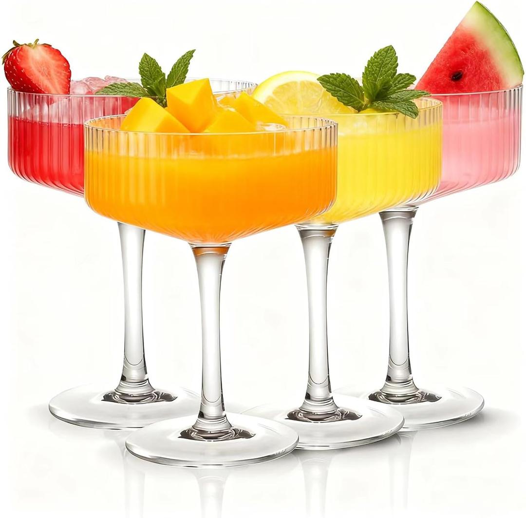 4 Pcs Ribbed Coupe Glasses, 10 oz Large Vintage Martini Glass Set, Unique Margarita Glass, Classic Cocktail Galssware, Ribbed Bar Drinking Glasses Set for Cocktail, Wine, Champagne, Espresso & Gift