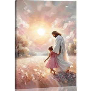 Jesus and Girl Wall Art Christian Poster Painting Jesus and Children Canvas Art Print Soft Pink Sunset Landscape Wall Decor Picture For Baby Girl Room Nursery Room Living Room Bathroom Religious Decorations 12*16 in (Canvas)