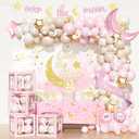 Party Inspo Over the Moon Baby Shower Decorations – 127 PCs Moon Themed Baby Shower Party Supplies with Backdrop, Balloon Garland, Cake Topper, Tablecloth, Sash, Poster, Banner (Pink,White)