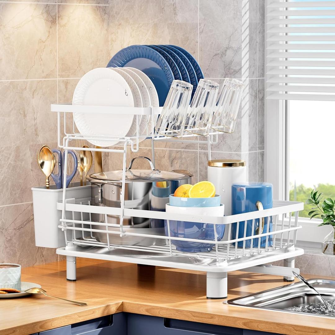 GAOKASE Dish Drying Rack, Stainless Steel-Dish Rack, Dish Racks for Kitchen Counter, Kitchen Dish Drainers with Removable Utensil Holder, New Drain Outlet, Plate Rack and Drainboard (White 3)