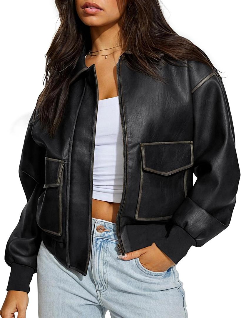 Women's Faux Leather Jacket Trendy 2026 Oversized Zip Up Motorcycle Bomber Jacket Coats Fall Winter Outerwear (Black), S