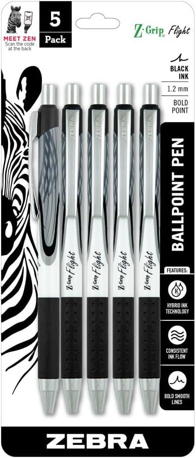 2 x Zebra Pen Z-Grip Flight Retractable Ballpoint Pen, Bold Point 1.2mm, Black Ink, School Supplies, Teacher Supplies, and Office Supplies, Smooth Writing, Quick-Drying, 5-Pack (21915)