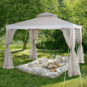 Sunjoy 10 x 10 ft. Soft Top Gazebo, Outdoor Patio Backyard Modern 2-Tier Steel Frame Gazebo with Mesh Netting - Beige & White