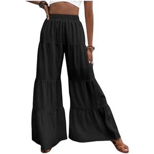 Floerns Women's Elastic High Waist Ruffle Wide Leg Pants Loose Beach Palazzo Pants, Medium