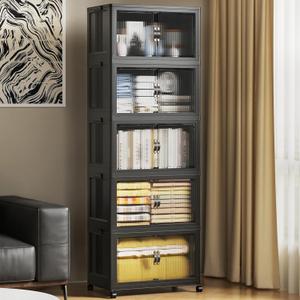 SAILUN 44Gal/175Qt Stackable Storage Bins Folding Collapsible Storage Bins with Lid, Closet Organizers and Storage Box with Door Black 18" W x 11" D x 51" H