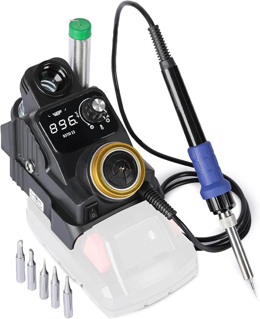 WEP 937D-I 3 Cordless Soldering Iron Kit Compatible with Milwaukee 20V/18V Battery, with Integrated Iron Holder, Digital Display, 6 Soldering Tips, Adjustable Temperature, Auto Sleep & Shutdown