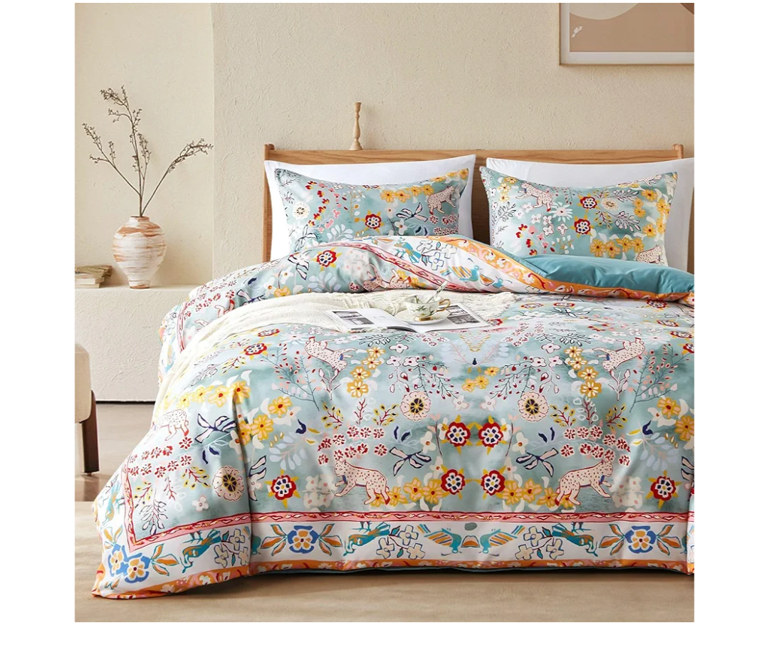 Cupocupa Duvet Cover Queen Size Set Boho Floral Pattern Queen Christmas Duvet Cover Set for Queen Size Bed Vintage Soft Bedding Leaf Print Duvet Cover with Pillowcases