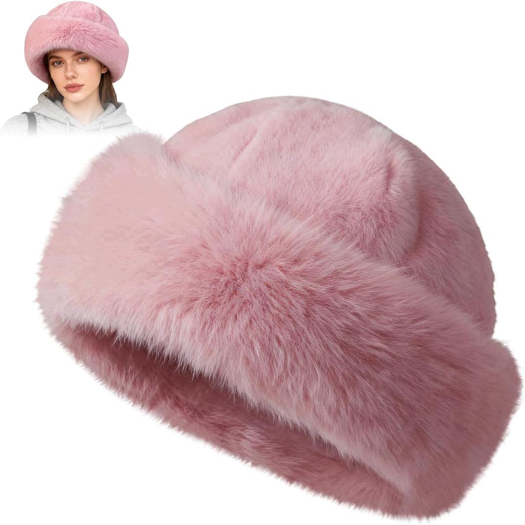 Women's Faux Fur Bucket Hat,Winter Plush Fluffy Furry Mink Hats,Warm Faux Fur Hats,Russian Beret