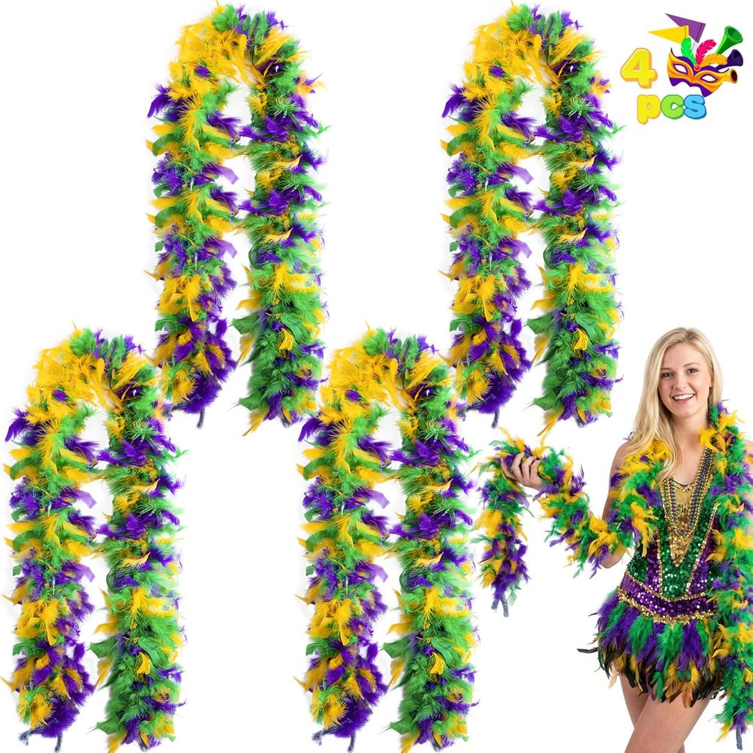 JOYIN 4 PCS Mardi Gras Feather Boa, 25 Gram, 4 Feet Long, Yellow, Purple, Green Feather Boa for Mardi Gras Party Dress Up, Masquerade Costume Accessories