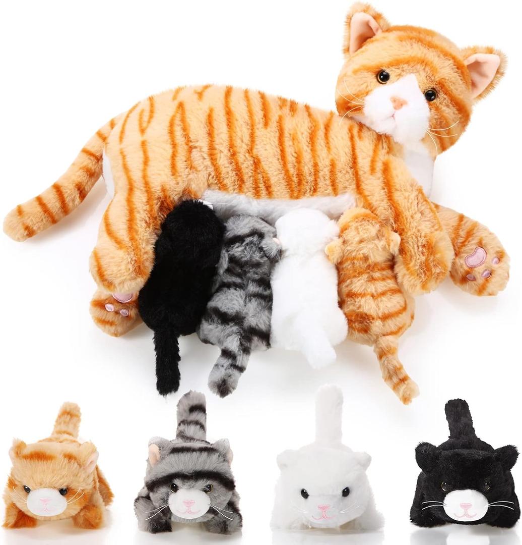 Skylety Nurturing Cat Stuffed Animal with 4 Plush Kittens, Cats Baby Stuffed for Girls Boys Plushy Mommy Kitty with Baby Kittens for Birthday Party Favors Gifts (Cute Style)