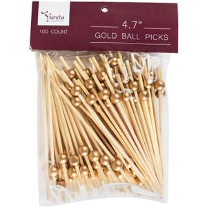 Gold Ball End Bamboo Picks 4.7 Inch, 2400-Count Bulk Case, 24 Packs x 100, Decorative Cocktail Picks and Appetizer Skewers for Charcuterie, Sandwiches and Party Catering
