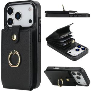 Folosu Compatible with iPhone 17 Pro Case Wallet with Card Holder, 360Rotation Finger Ring Holder Kickstand, RFID Blocking Leather Protective Double Buttons Shockproof Cover 6.3 Inch Black
