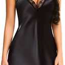 Avidlove Women Lingerie Satin Lace Chemise Nightgown Sexy Full Slips Sleepwear (Medium, Aged Black)