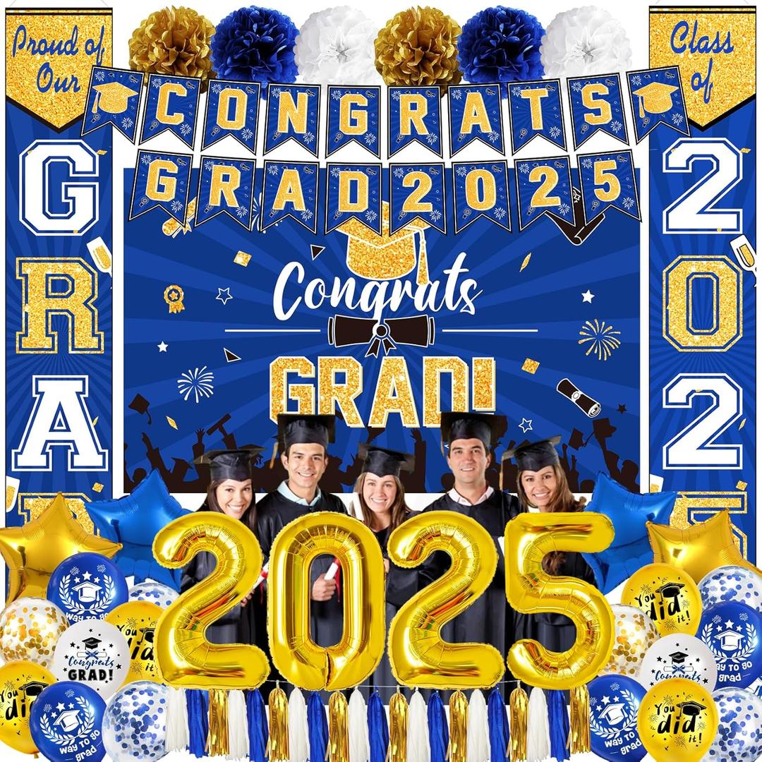 Ouddy Life Blue and Gold Graduation Decorations Class of 2025, 61Pcs Graduation Party Supplies Congrats Grad Backdrop Banner Door Porch Navy Blue Gold Star Balloon for College Campus School Decor
