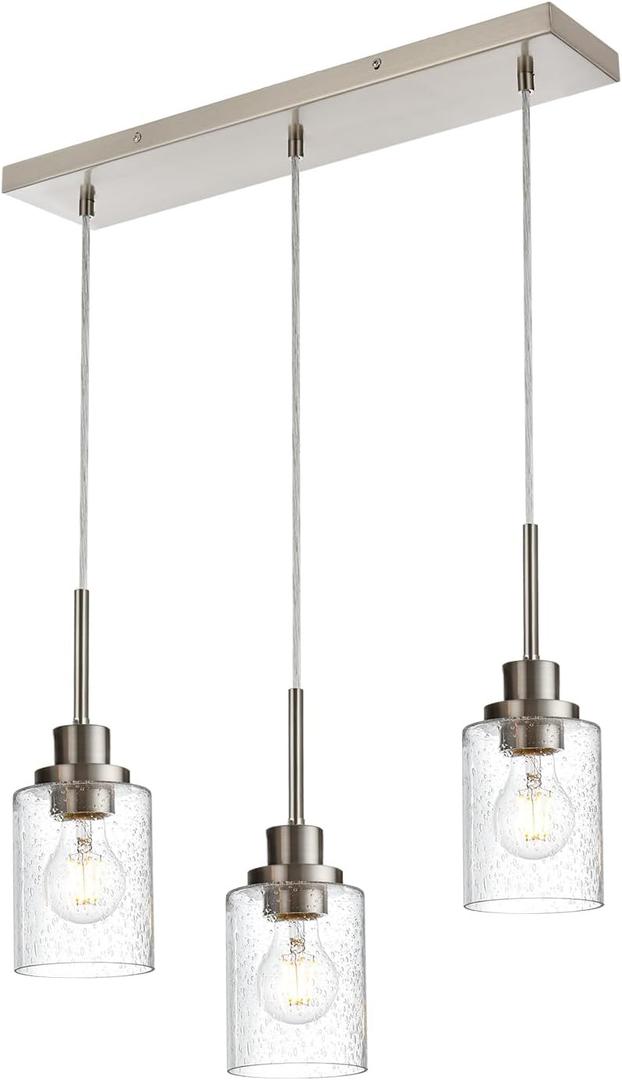 3-Light Farmhouse Chandelier Light Fixture Brushed Nickel Clear Seeded Glass Dining Room Hanging Modern Pendant Lighting Over Table,Traditional Ceiling Lights for Kitchen Island Entryway