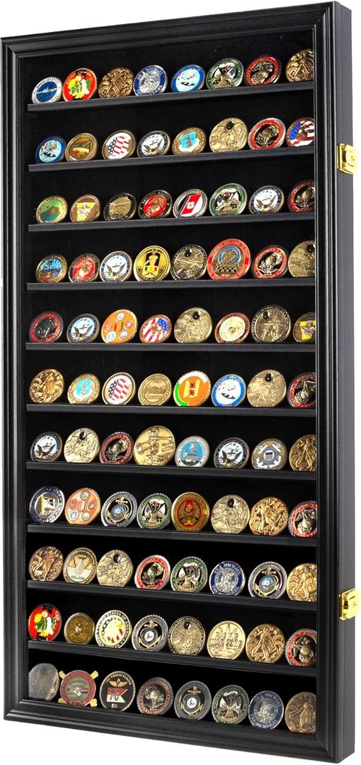 DisplayGifts Military Challenge Coin Display Case Poker Chips Holder Wall Cabinet Showcase Rack Black Finish 29" H X 16" W Compatible with Army Navy Air Force Marine Corps Challenge Coins