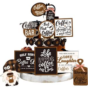 Thyle 16 Pcs Fall Coffee Tiered Tray Decor Set Coffee Bar Wooden Signs Rustic Decorations Farmhouse Table Ornament for Station Bar Tray Shelf
