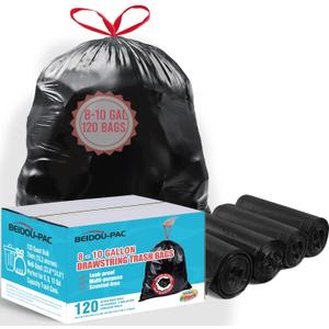 8-10 Gallon Trash Bags Drawstring, 120 Count Bulk, Black & Unscented Multi-purpose Garbage Bags for Business Home Bathroom Kitchen Commercial and Industrial
