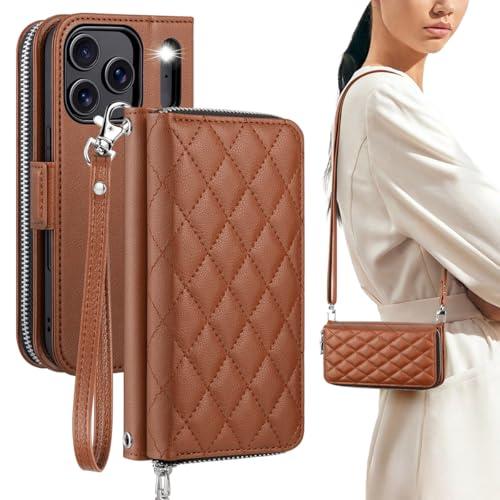 OCASE for iPhone 17 Pro Crossbody Wallet Case - Stylish PU Leather Handbag Phone Purse with Zipper Closure, Card Slots & RFID Blocking - Wrist Strap, Lanyard, Kickstand - Diamond Check Brown