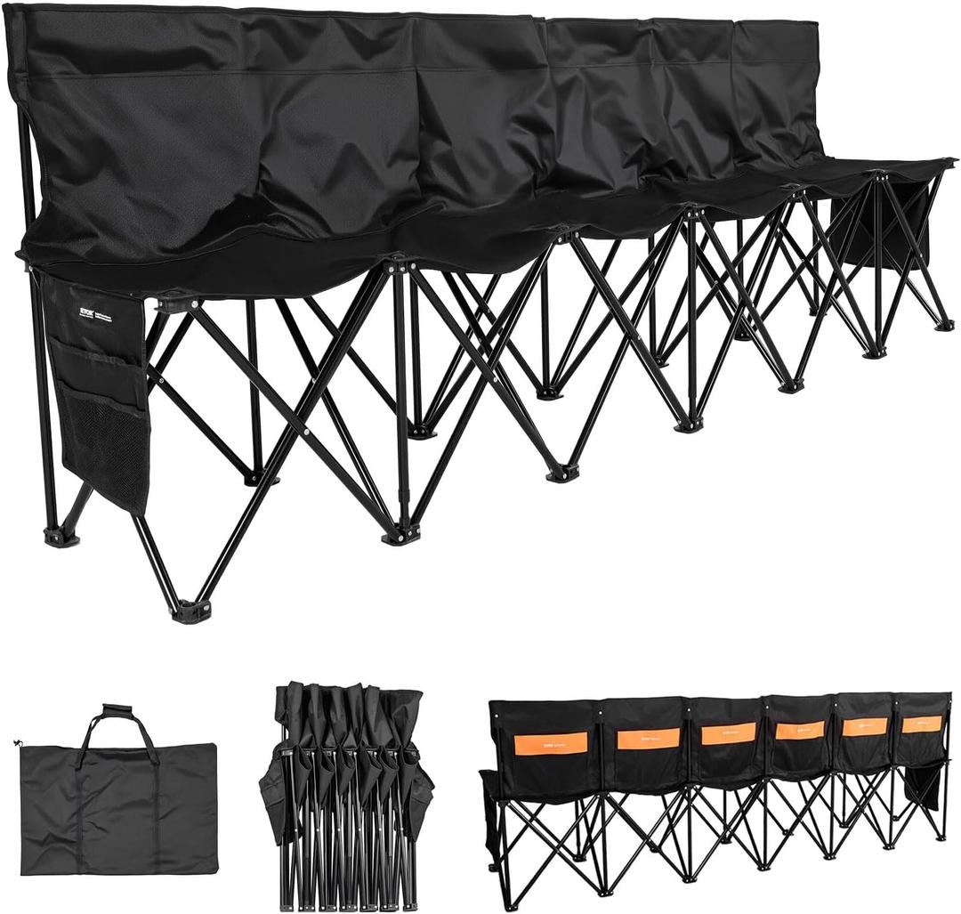 VEVOR Portable Folding Bench, 6 Seat Soccer Bench with Multiple Storage Pockets & Carrying Bag, Lightweight Sideline Seating with Back Rest for Football, Baseball, Camping, Outdoor Events, Black