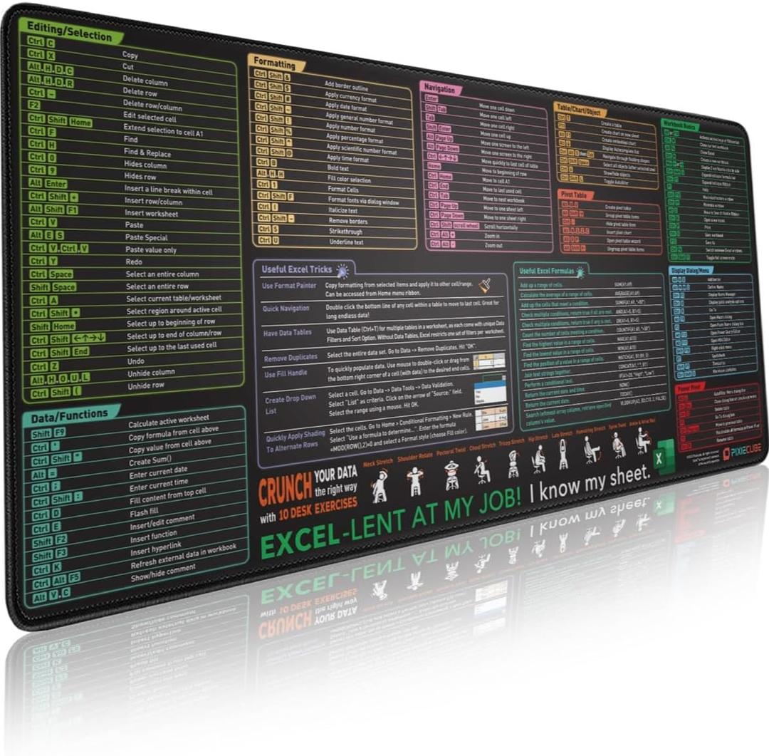 Excel Shortcut Keys Mouse Pad - Extended Large XXL Cheat Sheet Gaming Mousepad | PC Office Spreadsheet Keyboard Mat | Non-Slip Stitched Edge (35.4L x 15.7W inches)