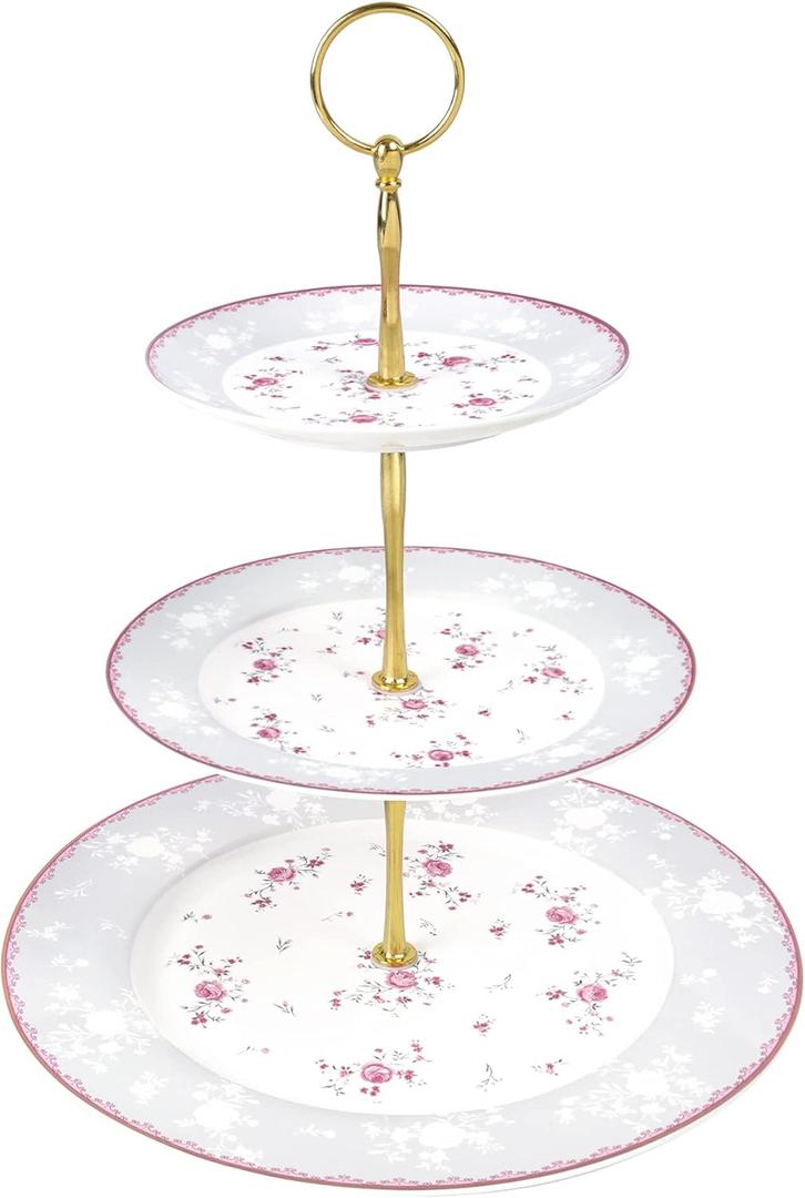 fanquare Pink Rose 3 Tier Porcelain Cupcake Stand, Floral Round Fruit Display Stand, Dessert Tower Tray for Wedding, Birthday and Tea Party