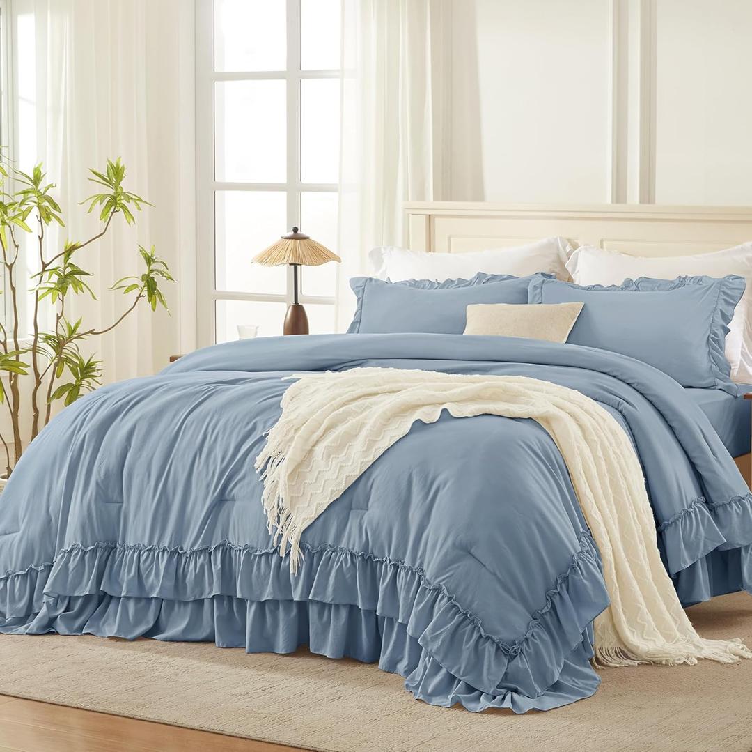 Andency Grayish Blue Queen Comforter Set, 3 Pieces Farmhouse Shabby Chic Ruffle Bedding Comforter Sets, All Season Lightweight Fluffy Soft Microfiber Bed Set for Boys, Men, Adults (90x90Inch)