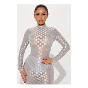 Womens Sexy Mesh Through Long Sleeve Back Slit Maxi Dress Gray, Small