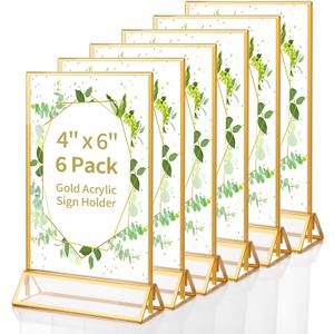 Gold Acrylic Sign Holder 4X6 inch, 6 Pack Wedding Table Number Frames Vertical , Double Sided Display Gold Picture Frame, Clear Menu Holders for Wedding Reception, Party Decoration