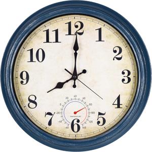 Outdoor Clock Waterproof with Thermometer Wall Clock for Patio Pool Bathroom Kitchen 16 Inch Blue, Large