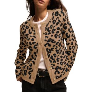 Leopard Print Cardigans for Women Cheetah Open Front Sweaters Button Down Knit Fall Clothes Long Sleeve Outwear Coats (S)