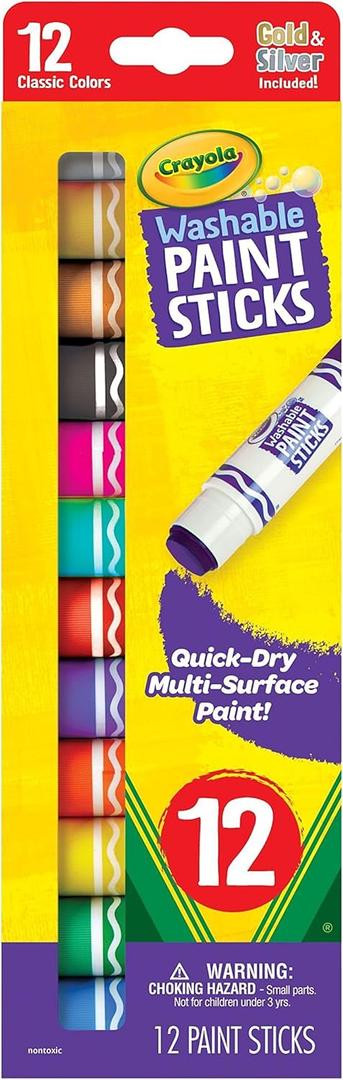 Crayola Quick Dry Paint Sticks (12ct), Washable Paint Set for Kids, Arts & Crafts Supplies, Multi-Surface, Assorted Colors, Kids Gifts