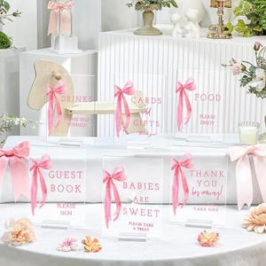 6 Pcs Pink Bow Baby Shower Table Decorations Take One Sign Thank You Acrylic Sign Centerpieces with Stand 5 x 7" Wedding Birthday Party Decorations for Guests Gifts