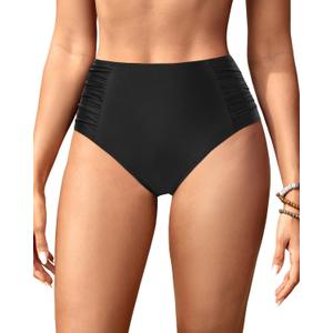 Tempt Me Women High Waisted Bikini Bottoms Full Coverage Swimsuit Bottoms Ruched Bathing Suit Bottom (Small, Black)