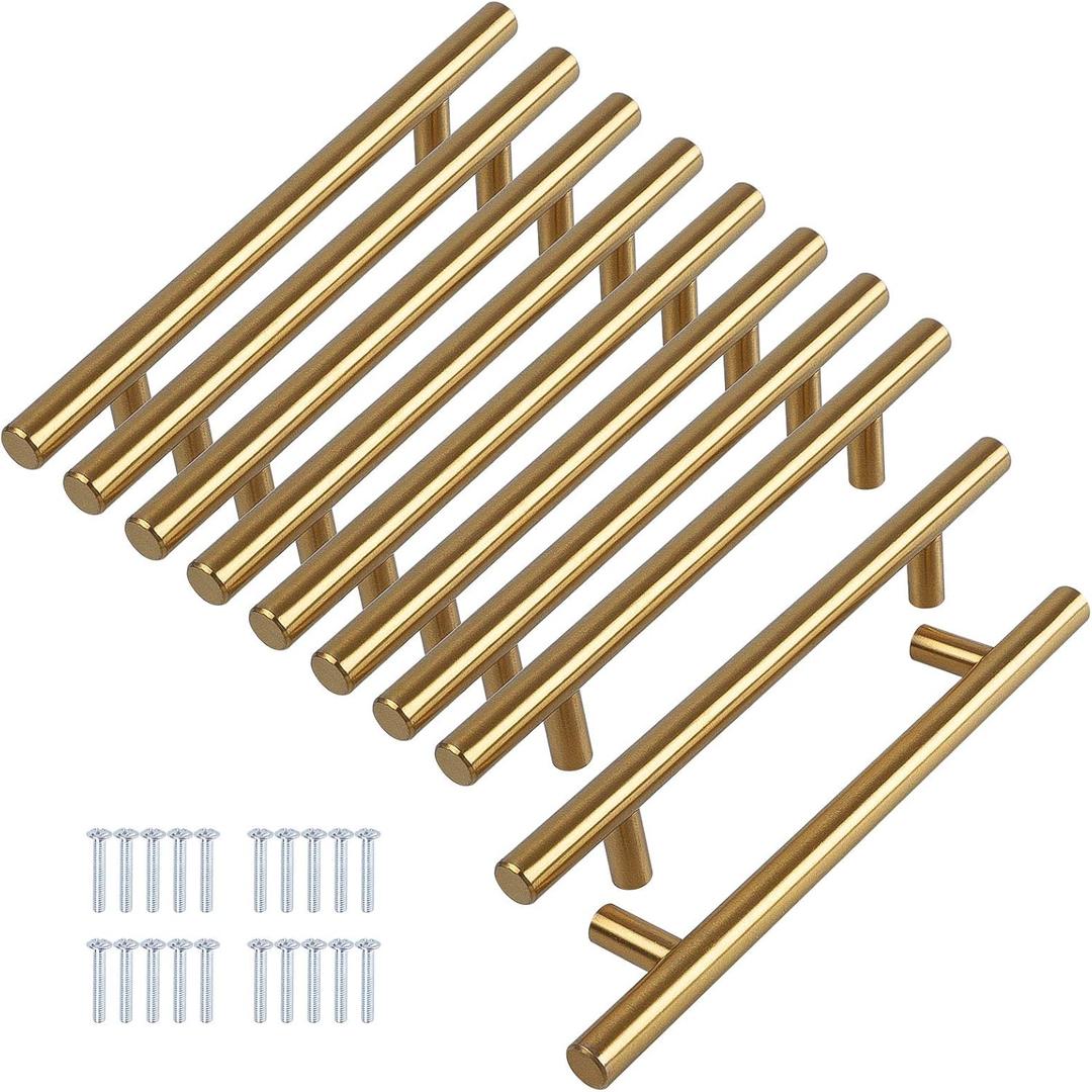 10 Pack 8" Brushed Brass Cabinet Cupboard Drawer Door Handle Pull Stainless Steel T bar Drawer pulls, 6" Length, 5" Hole Center (Gold)