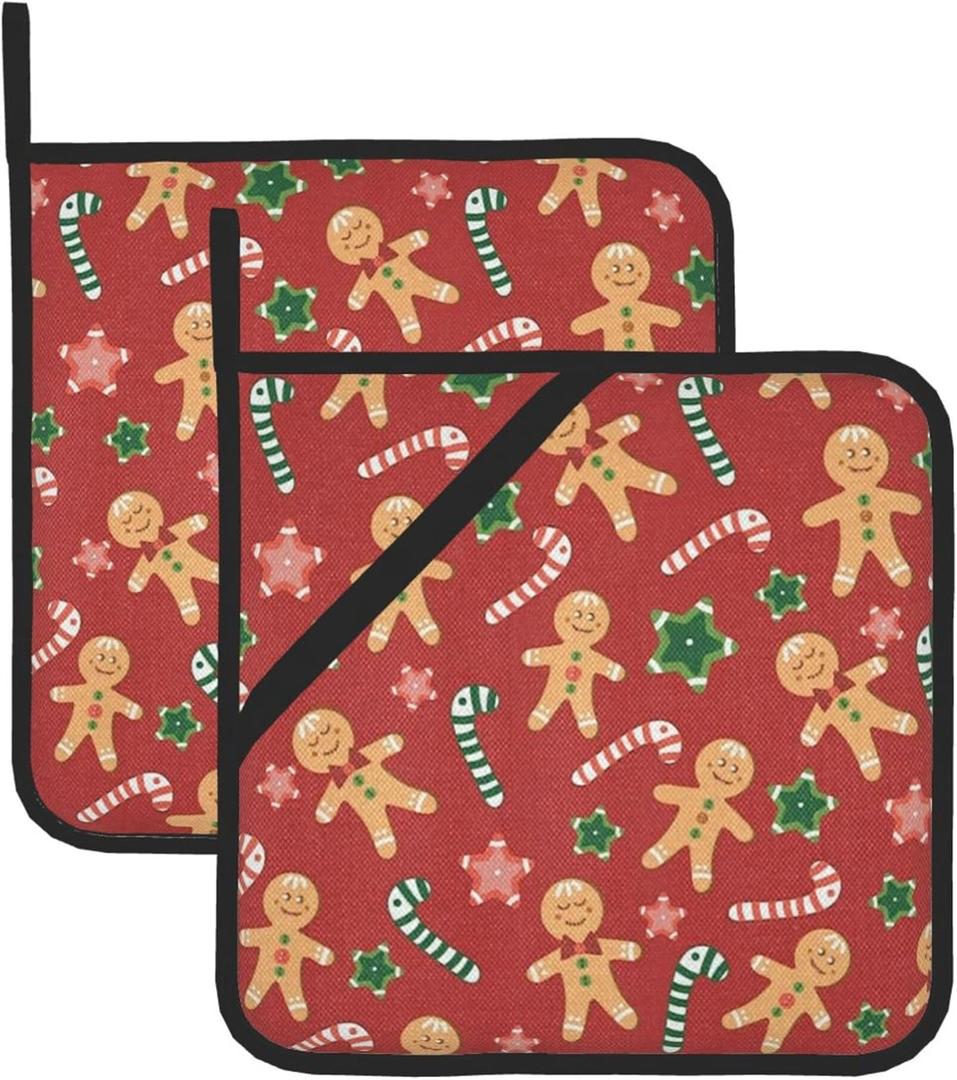 Christmas Gingerbread Pot Holders Set of 2 Candy Decorative Kitchen Heat Resistant Potholder Cotton Lining Oven Hot Pads Pot Mats for Kitchen Counter Cooking Baking Microwave BBQ Gifts