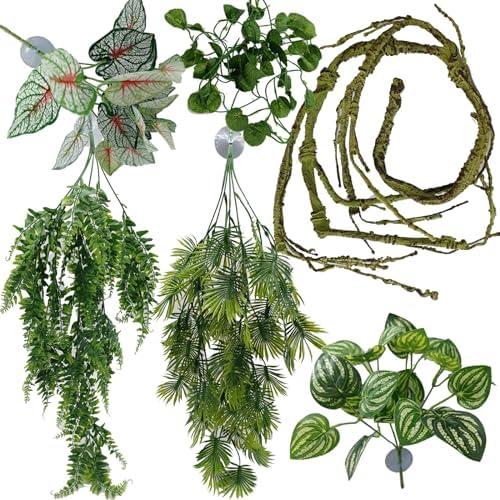 MEPHAN Reptile Plant for Bearded Dragon Tank Accessories, Terrarium Plant Artificial Decor for Snake Cage, Fake Plant for Leopard Gecko Habitat, Lizard Chameleon Ball Pythons (Group E)