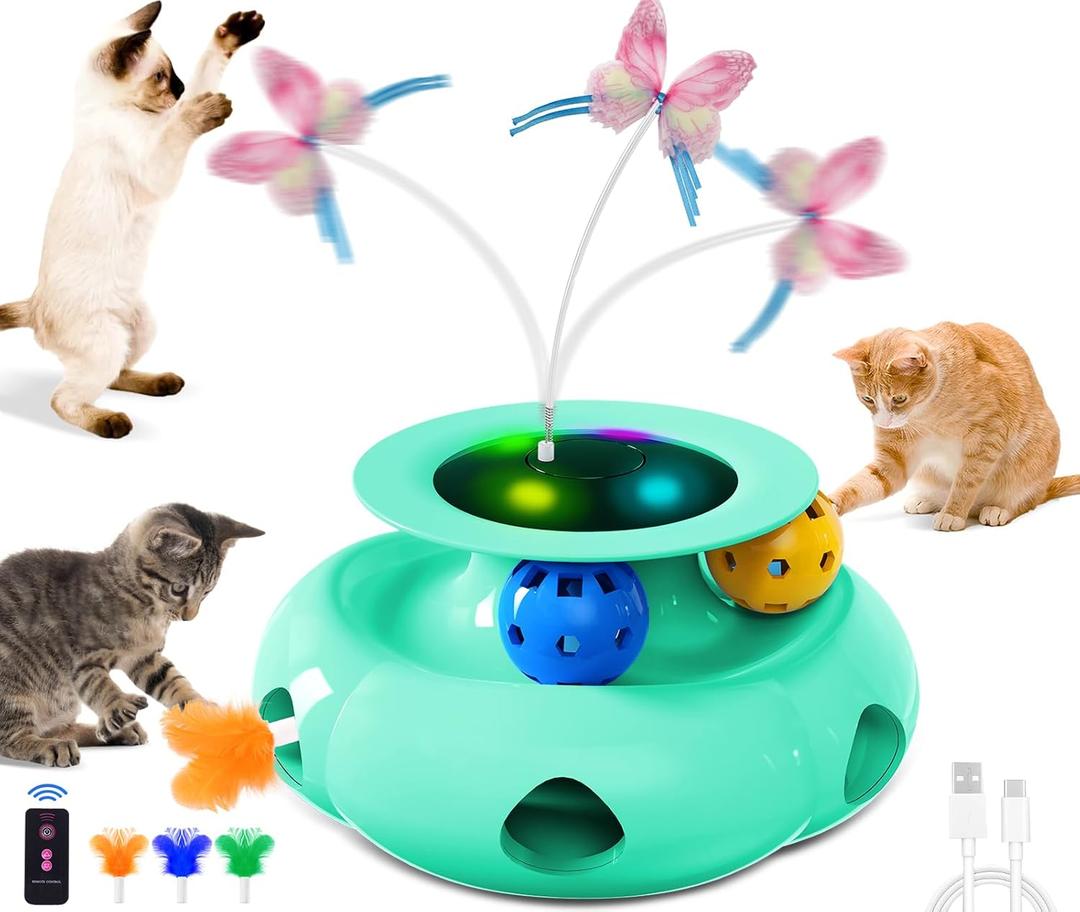 Cat Toys Interactive Rechargeable 3in1 Whack a Mole Cat Toy, Fluttering Butterfly, Track Balls, Touch Activated Automatic Kitten Toys for Indoor Cats (Green)