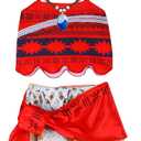 DDazzling Princess Costume Set with Hawaiian Flower Garland and Necklace (9-10 Years, Red)