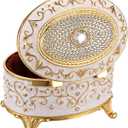 Vintage Jewelry Box Small Trinket Box - Oval Enamel Treasure Chest Box Metal Jewelry Box Golden Rings Earrings Holder Hand Painted Jewelry Keepsake Box Gift for Birthday, Christmas (Beige)