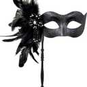 2025 New Masquerade Mask for Women with Stick - Shiny Women's Feather Mardi Gras Venetian Mask for Costume Accessory (Black)