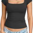 Eachyes Womens Square Neck Cap Sleeve Tops Sexy Low Cut Short Sleeve Shirts Basic Slim Fit Tee Cute Summer Clothes 2026 (M, Black)