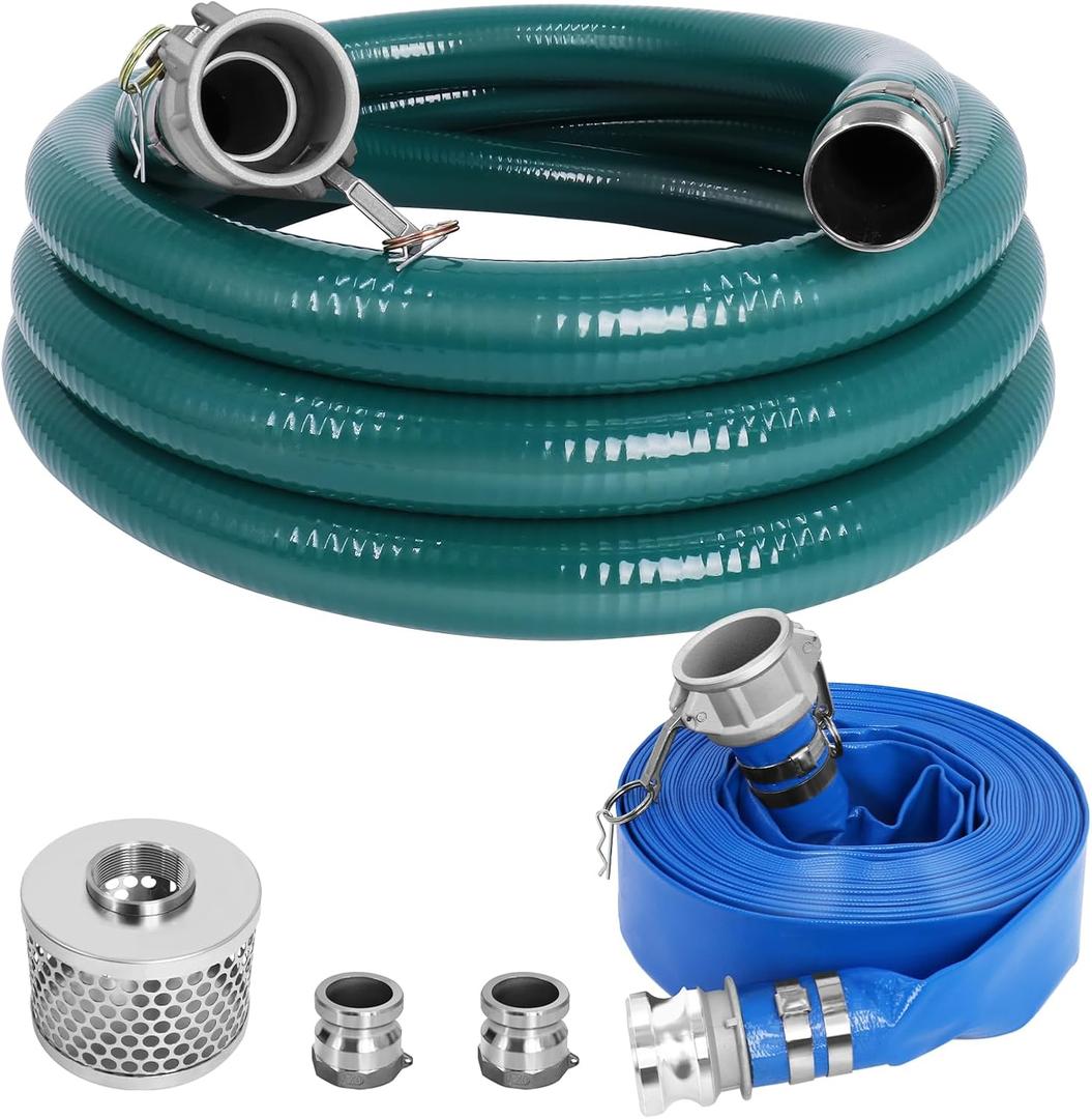 2 Inch Suction Hose kit for Trash Pump, Includes 2" x 65' Blue PVC Backwash Discharge Hose & 2" x 20' Green PVC Suction Hose & Aluminum Round Hole Suction Strainer & Cam and Groove Adapter