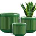 KERUITA Ceramic Plant Pots Set of 3  Square Indoor Planters with Drainage Hole, Mesh Pad & Stopper  Decorative 5/7/9 Inch Flower Pots for Home Office-Green