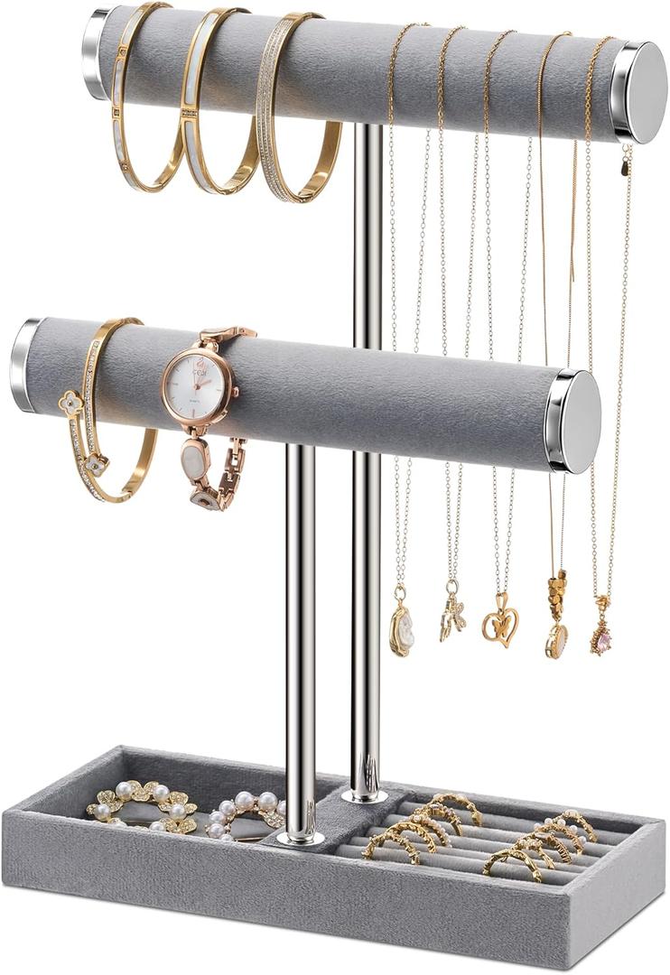 bussdis 2 Tier Bracelet Holder Display - Detachable T Bar Grey Velvet Bracelet Holder, Jewelry Holder Organizer for Bracelet, Necklace, Earrings, Rings