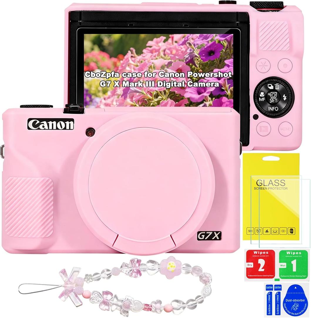 CboZpfa Case for Canon Powershot G7 X Mark III Digital Camera, Soft Silicone Protective with Removable Lens Cover, G7 X Mark III Accessories(2 Tempered Glass Cover, 1 Charm Wrist Strap) - Pink