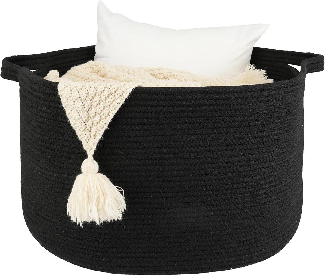 XUANGUO Extra Large Cotton Rope Basket Blankets Basket Living Room 22"x14" Toy Baskets for Kids and Dogs Rope Storage Baskets for Nursery Woven Laundry Baskets for Clothes Towels round black