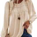 Boho Tops for Women Long Sleeve Shirts Crewneck Flowy Womens Blouses Dressy Casual Lace Hem Clothing Trendy 2026 (L)